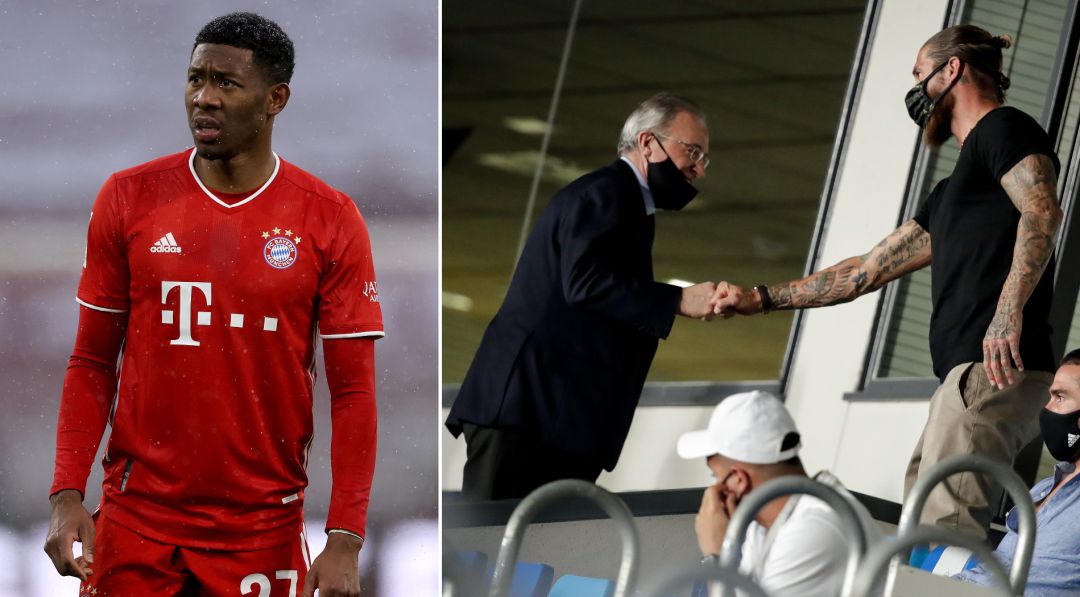 A la izquierda, David Alaba. A la derecha, Florentino Pérez y Sergio Ramos se saludan durante un partido de la presente temporada A la izquierda, David Alaba. A la derecha, Florentino Pérez y Sergio Ramos se saludan durante un partido de la presente temporada