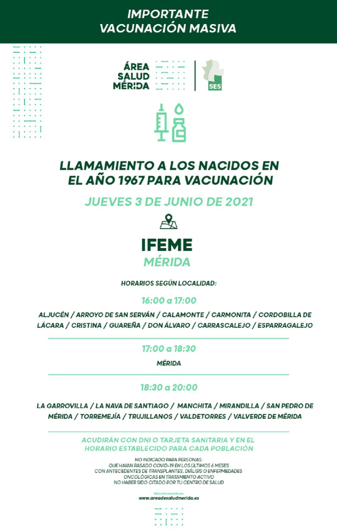 Llamamiento a los nacidos en 1967 del área de Mérida para que se vacunen contra la Covid-19 Llamamiento a los nacidos en 1967 del área de Mérida para que se vacunen contra la Covid-19