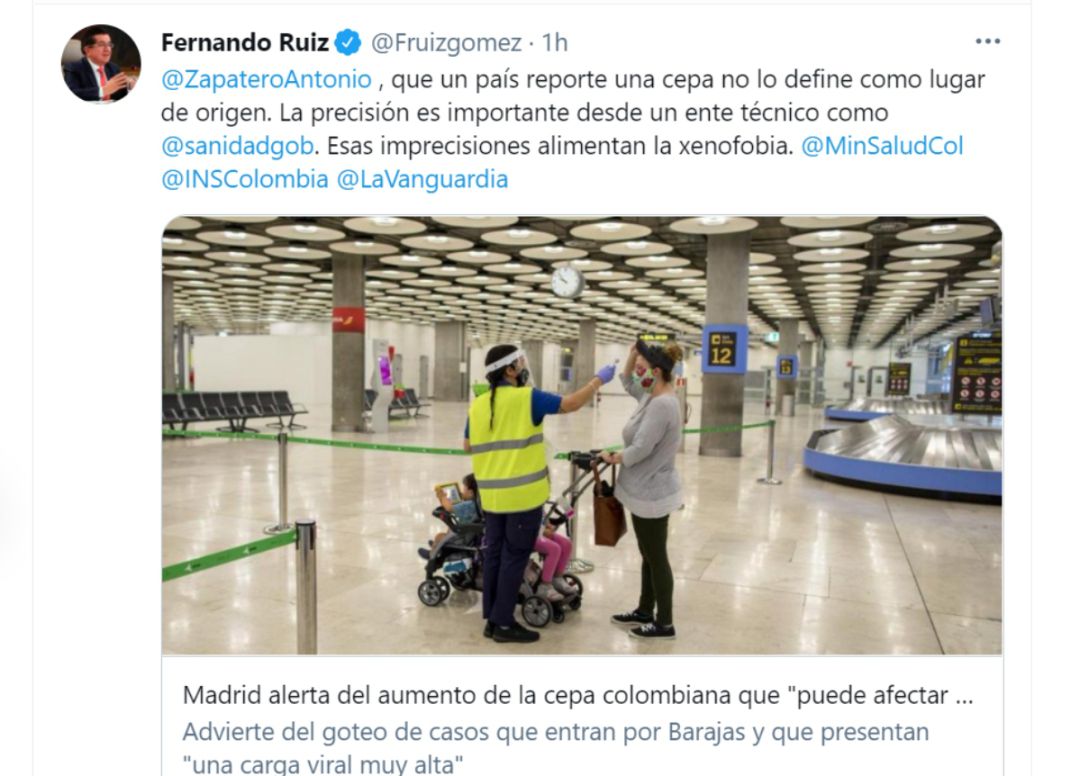Imagen del tuit del ministro de salud del país sudamericano respondiendo al viceconsejero madrileño. Imagen del tuit del ministro de salud del país sudamericano respondiendo al viceconsejero madrileño.