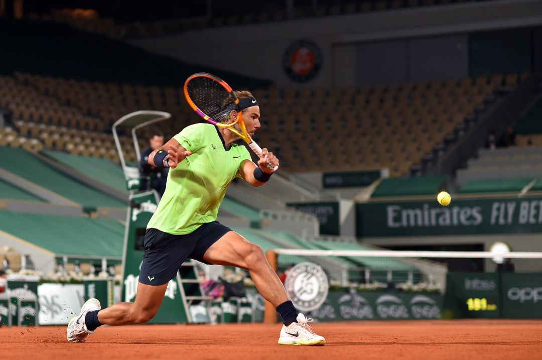 .PARIS, FRANCE - JUNE 03: Rafael Nadal of Spain plays a backhand during his mens second round match against Richard Gasquet of France during day five of the 2021 French Open at Roland Garros on June 03, 2021 in Paris, France. (Photo by Aurelien Meunier/Getty Images) .PARIS, FRANCE - JUNE 03: Rafael Nadal of Spain plays a backhand during his mens second round match against Richard Gasquet of France during day five of the 2021 French Open at Roland Garros on June 03, 2021 in Paris, France. (Photo by Aurelien Meunier/Getty Images)