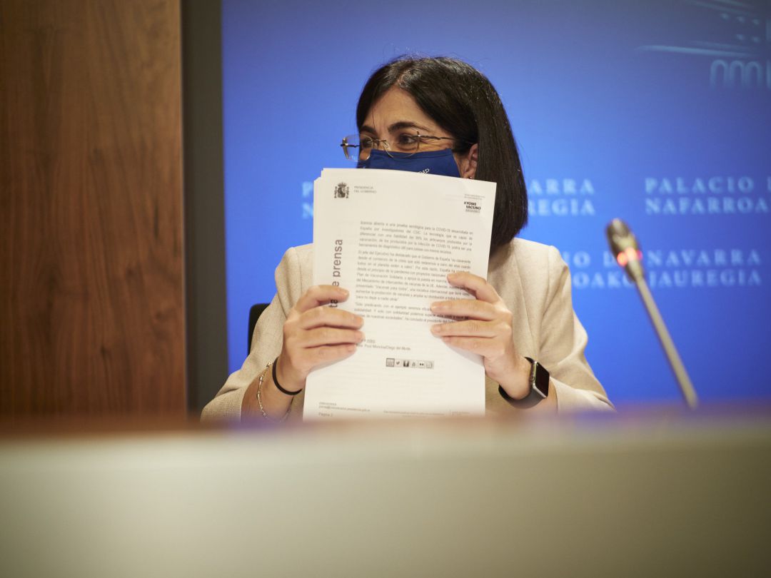 La ministra de Sanidad, Carolina Darias, comparece en rueda de prensa, tras presidir desde Pamplona el pleno telemático del Consejo Interterritorial del Sistema Nacional de Salud. La ministra de Sanidad, Carolina Darias, comparece en rueda de prensa, tras presidir desde Pamplona el pleno telemático del Consejo Interterritorial del Sistema Nacional de Salud.