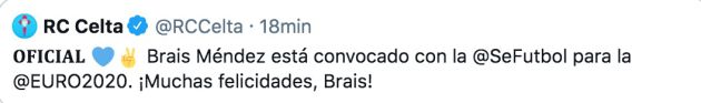 El mensaje publicado por el Celta en su cuenta oficial. El mensaje publicado por el Celta en su cuenta oficial.