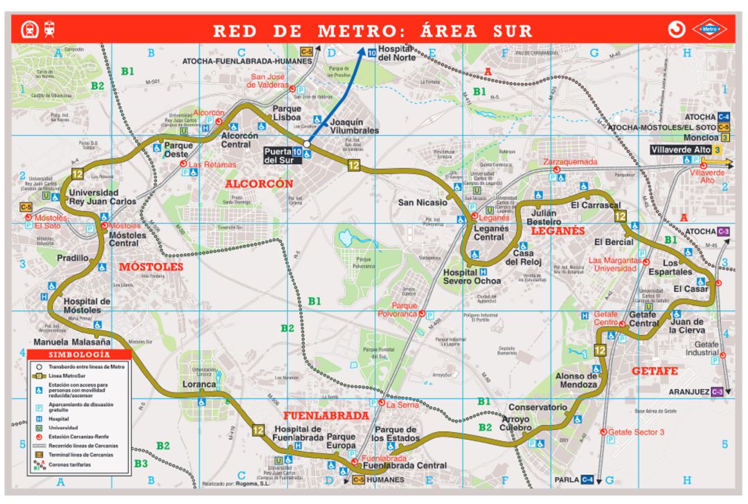 Plano cartográfico de Metrosur L12 sobre los municipios de Alcorcón, Móstoles, Fuenlabrada, Getafe y Leganés Plano cartográfico de Metrosur L12 sobre los municipios de Alcorcón, Móstoles, Fuenlabrada, Getafe y Leganés