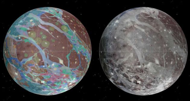 Mosaico y mapas geológicos de la luna de Júpiter, Ganímedes, creados a partir de las mejores imágenes disponibles de las naves espaciales Voyager 1 y 2 y la nave espacial Galileo de la NASA. Mosaico y mapas geológicos de la luna de Júpiter, Ganímedes, creados a partir de las mejores imágenes disponibles de las naves espaciales Voyager 1 y 2 y la nave espacial Galileo de la NASA.