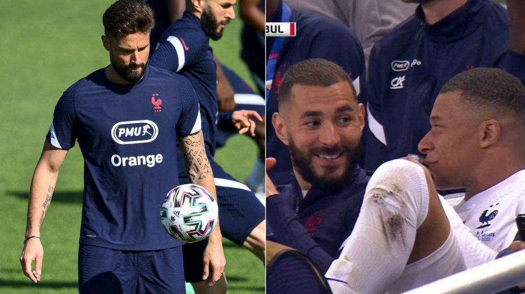 A la izquierda de la imagen, Giroud durante un entrenamiento. A la derecha, Benzema y Mbappé sonríen en el banquillo durante el amistoso de Francia de este martes A la izquierda de la imagen, Giroud durante un entrenamiento. A la derecha, Benzema y Mbappé sonríen en el banquillo durante el amistoso de Francia de este martes