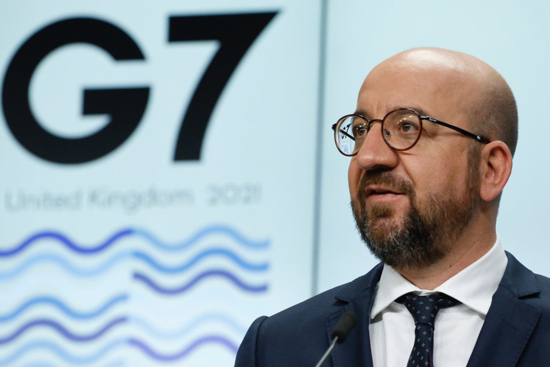 El presidente del Consejo Europeo, Charles Michel, durante una conferencia en la Cumbre del G7 El presidente del Consejo Europeo, Charles Michel, durante una conferencia en la Cumbre del G7