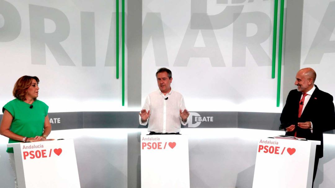 Uno de los momentos del reciente debate a tres celebrado por el PSOE en su sede andaluza ubicada en Sevilla Uno de los momentos del reciente debate a tres celebrado por el PSOE en su sede andaluza ubicada en Sevilla