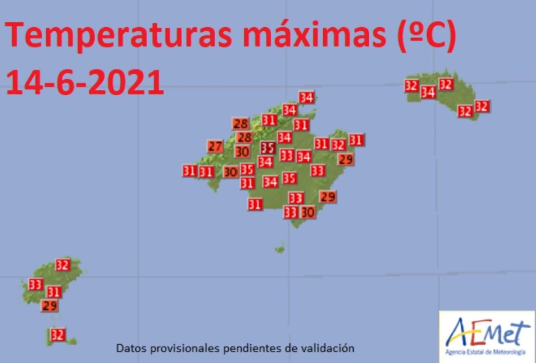 Balears va enregistrar aquest dilluns les màximes més altes del que portem de 2021. Balears va enregistrar aquest dilluns les màximes més altes del que portem de 2021.