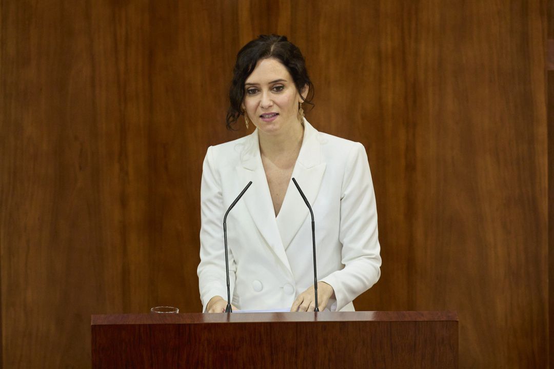 La presidenta en funciones de la Comunidad de Madrid, Isabel Díaz Ayuso, durante la primera sesión del pleno de su investidura La presidenta en funciones de la Comunidad de Madrid, Isabel Díaz Ayuso, durante la primera sesión del pleno de su investidura