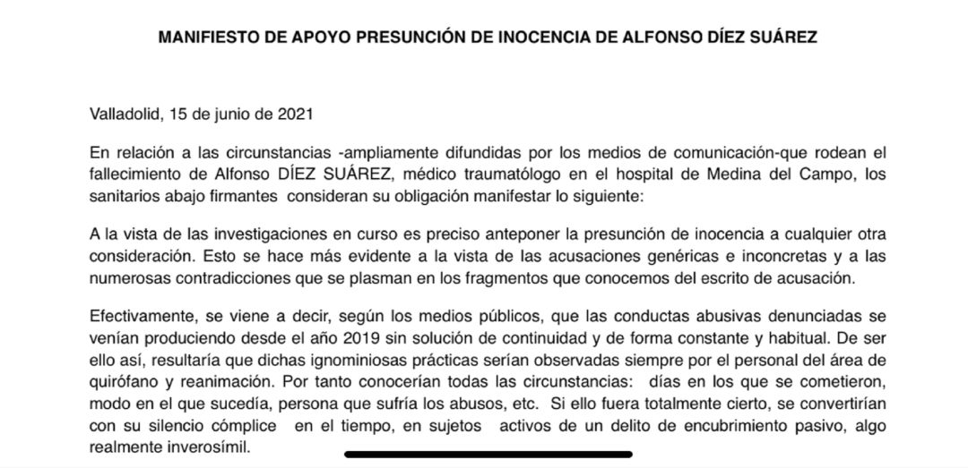 Fragmento de la carta remitida por 41 facultativos defendiendo la presunción de inocencia Fragmento de la carta remitida por 41 facultativos defendiendo la presunción de inocencia