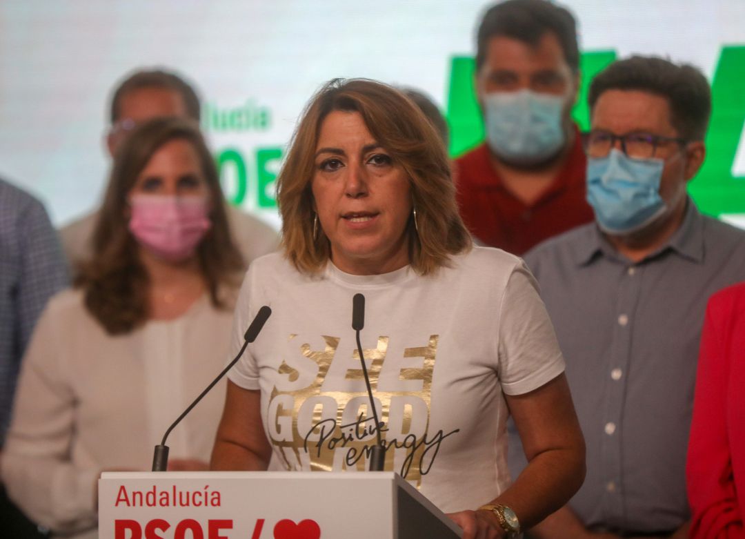 Susana Díaz tras perder en las primarias del PSOE-A, en rueda de prensa, a 13 de junio del 2021, en Sevilla. Susana Díaz tras perder en las primarias del PSOE-A, en rueda de prensa, a 13 de junio del 2021, en Sevilla.