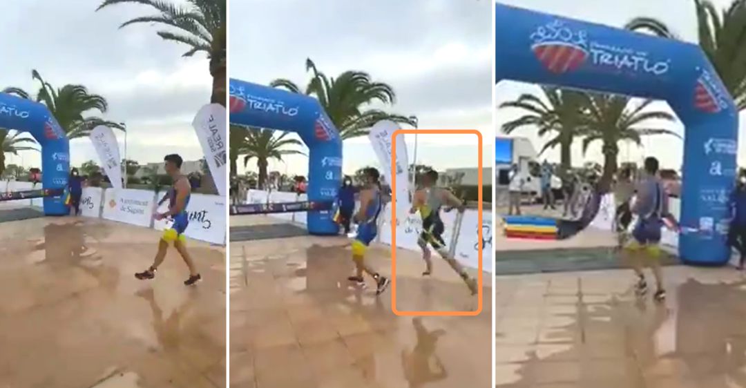 Secuencia de como el atleta celebra la victoria a escasos metros de la meta y otro correror aprovecha para adelantarle y quitarle la victoria. Secuencia de como el atleta celebra la victoria a escasos metros de la meta y otro correror aprovecha para adelantarle y quitarle la victoria.