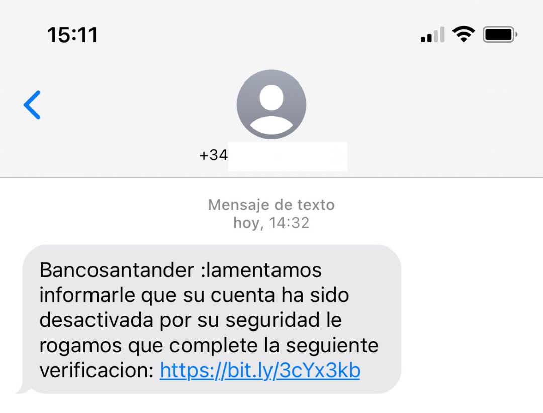 Captura del sms recibido por una de las víctimas Captura del sms recibido por una de las víctimas