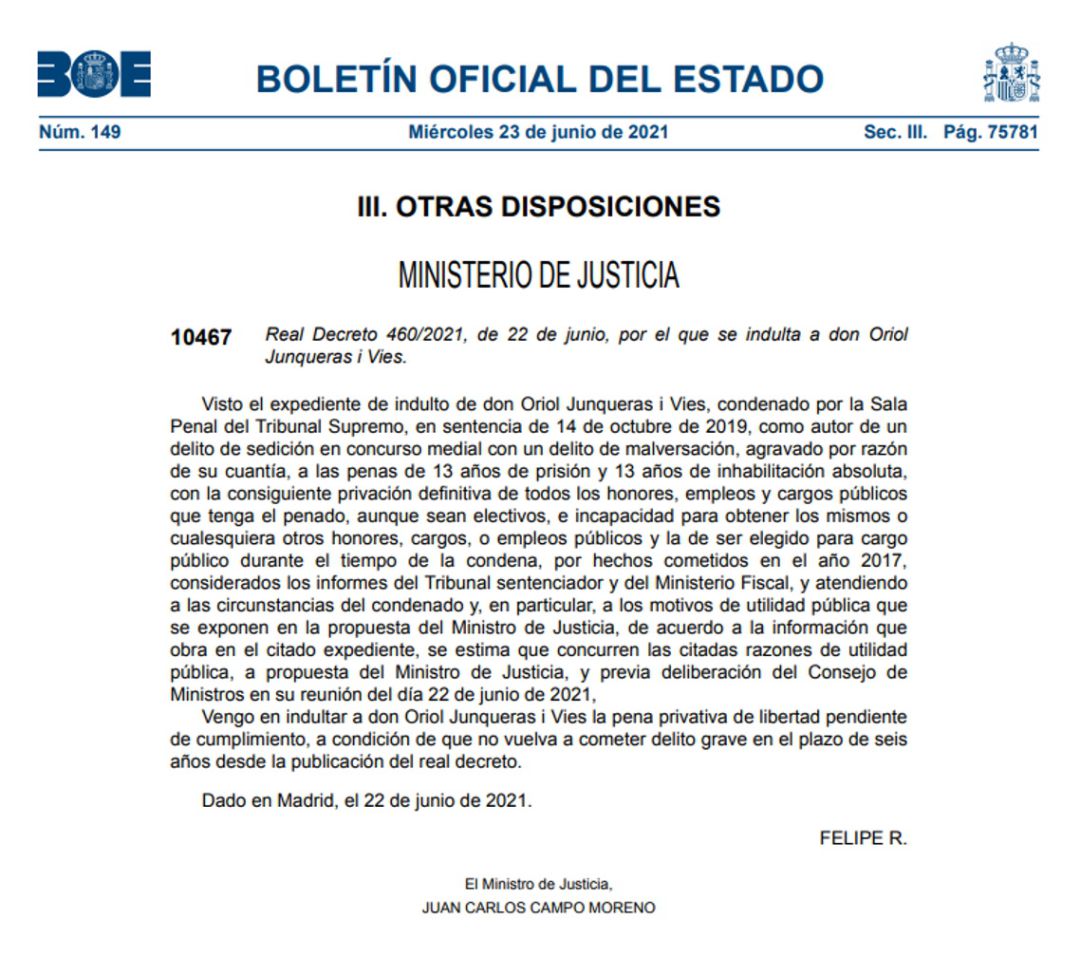 Publicación en el BOE del indulto a Oriol Juqueras. Publicación en el BOE del indulto a Oriol Juqueras.