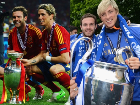 Fernanto Torres y Juan Mata con ambos trofeos continentales con Chelsea y selección española Fernanto Torres y Juan Mata con ambos trofeos continentales con Chelsea y selección española