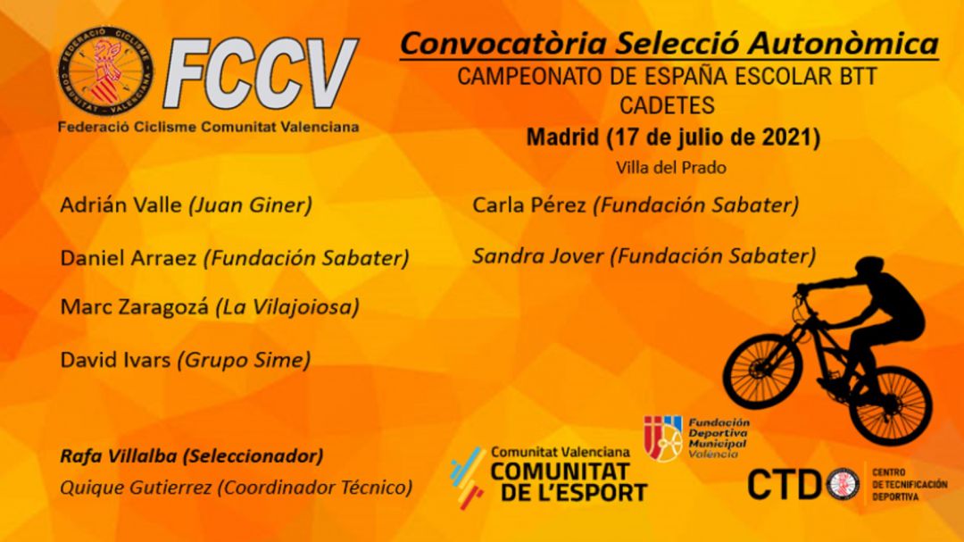 Convocatoria de la Selección Valenciana para el Campeonato de España BTT cadete Convocatoria de la Selección Valenciana para el Campeonato de España BTT cadete