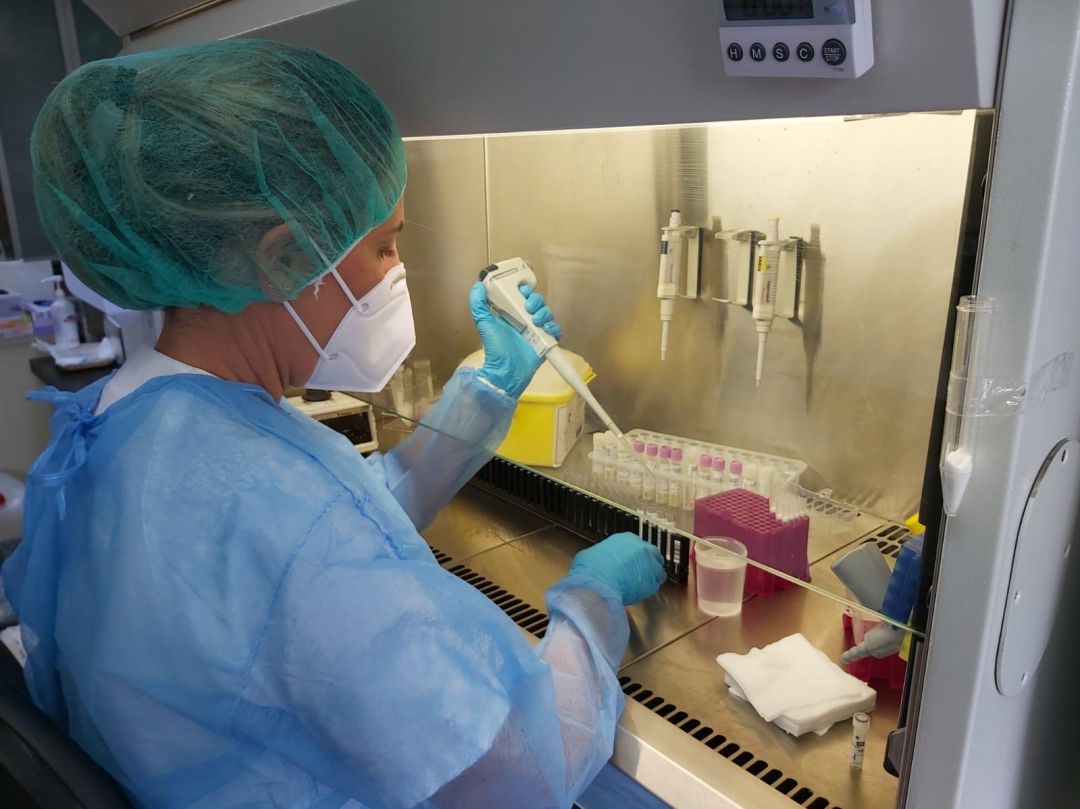 Una profesional del servicio de Microbiología del HUC procesa una prueba PCR Una profesional del servicio de Microbiología del HUC procesa una prueba PCR