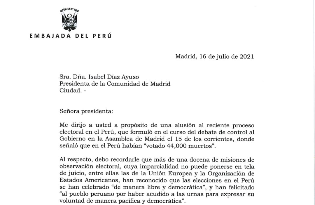 Ayuso indigna al gobierno de Perú tras calificarlo como dictadura Ayuso indigna al gobierno de Perú tras calificarlo como dictadura