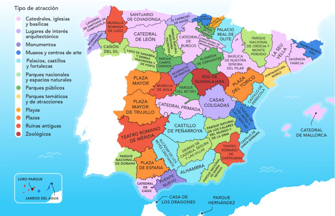Mapa con las atracciones más populares de cada provincia Mapa con las atracciones más populares de cada provincia