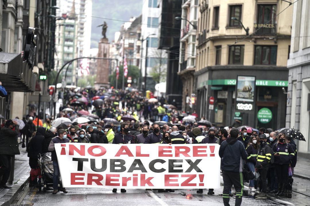 Manifestación contra el ERE planteado por Tubacex, a 11 de abril de 2021, en Bilbao, Manifestación contra el ERE planteado por Tubacex, a 11 de abril de 2021, en Bilbao,