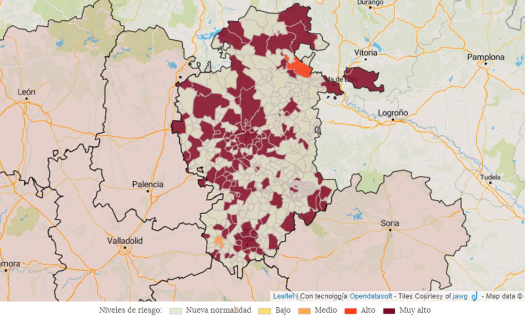 Mapa de incidencia acumulada en la provincia de Burgos durante los últimos siete días Mapa de incidencia acumulada en la provincia de Burgos durante los últimos siete días