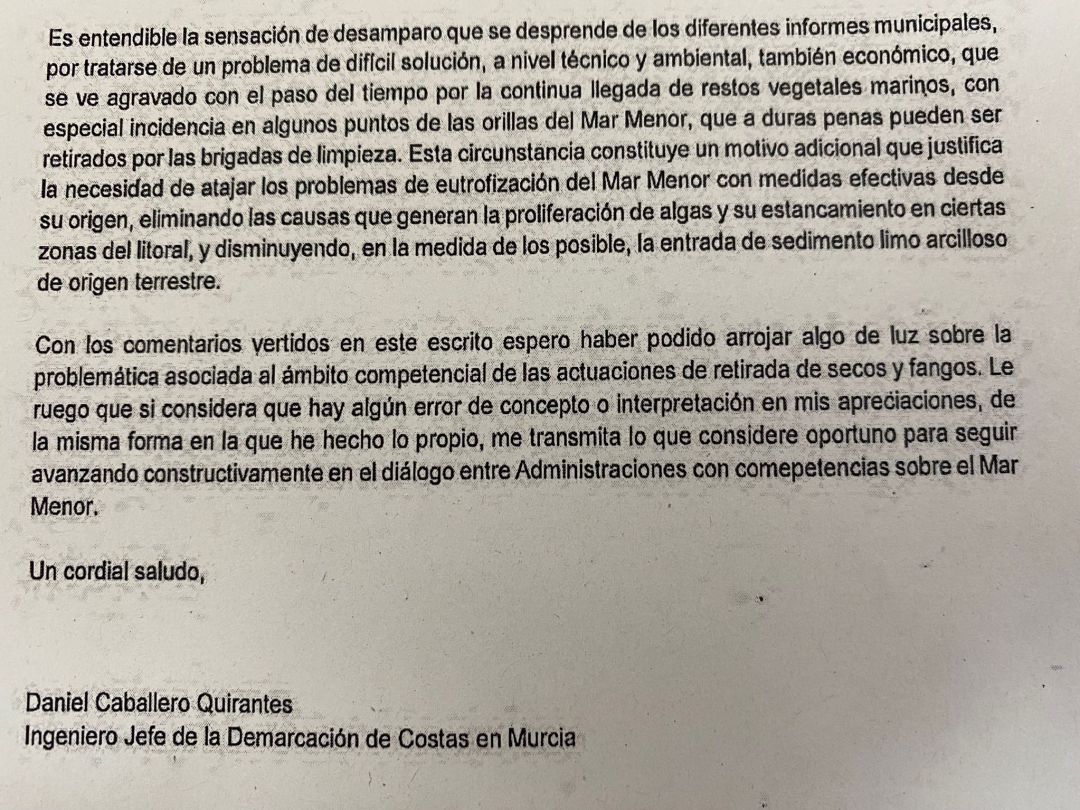 Texto final de la carta de Costas al gobierno de Murcia Texto final de la carta de Costas al gobierno de Murcia