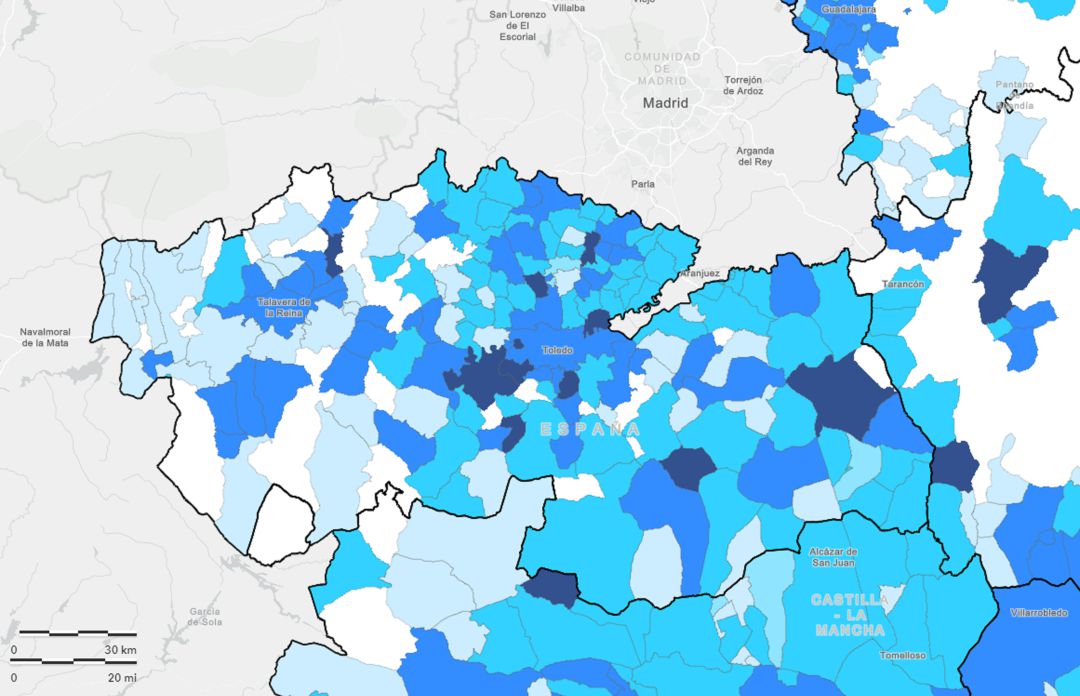 Mapa de casos por cada 100 mil habitantes en la provincia de Toledo Mapa de casos por cada 100 mil habitantes en la provincia de Toledo