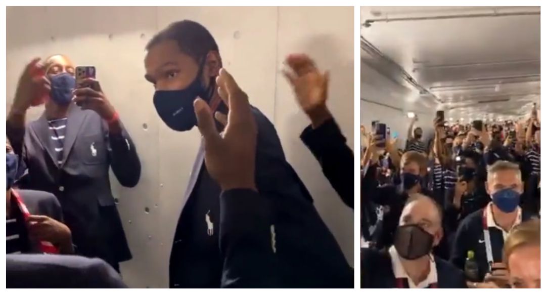 La cara de Kevin Durant tras ser 'trolleado' por parte de toda la delegación estadounidense La cara de Kevin Durant tras ser 'trolleado' por parte de toda la delegación estadounidense
