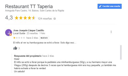 La respuesta de un restaurante a un comentario de un usuario. La respuesta de un restaurante a un comentario de un usuario.