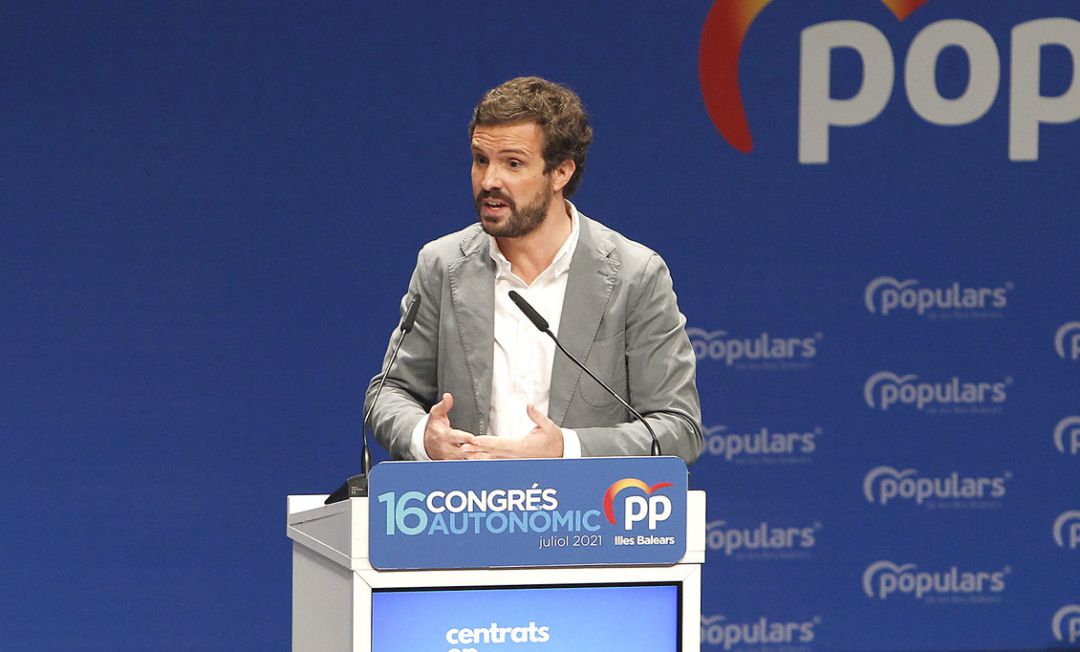 El presidente del PP, Pablo Casado, durante el XIV congreso del PP de Baleares. El presidente del PP, Pablo Casado, durante el XIV congreso del PP de Baleares.