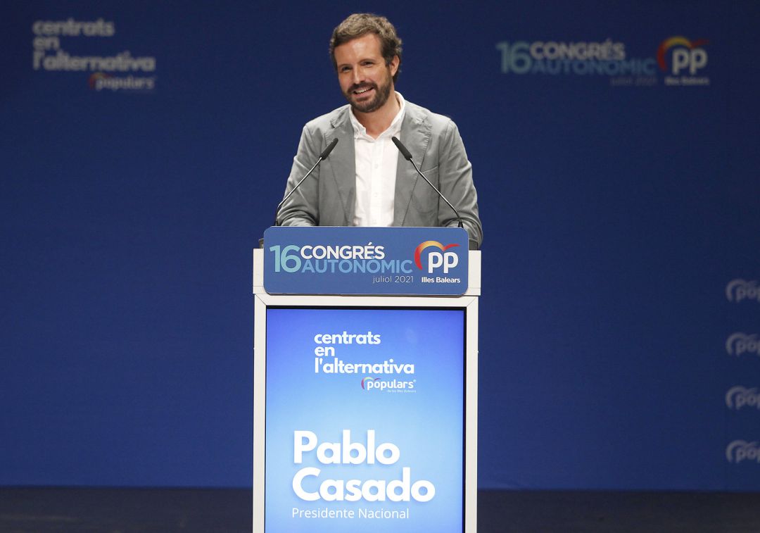 El presidente del PP, Pablo Casado, durante el XIV congreso del PP de Baleares, a 24 de julio de 2021, en Mallorca, Islas Baleares (España). El presidente del PP, Pablo Casado, durante el XIV congreso del PP de Baleares, a 24 de julio de 2021, en Mallorca, Islas Baleares (España).