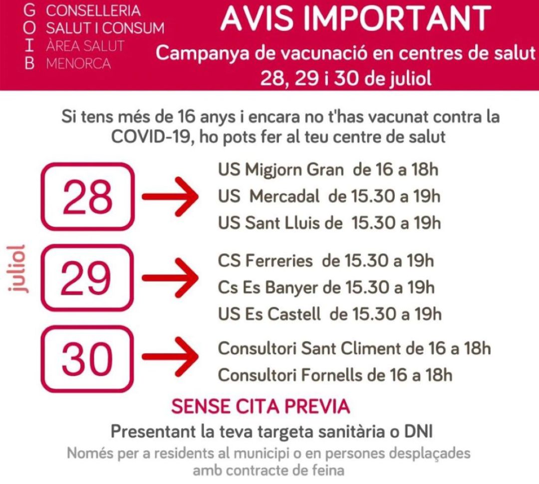Agenda de vacunació a les unitats de salut de Menorca per aquests dies. Agenda de vacunació a les unitats de salut de Menorca per aquests dies.