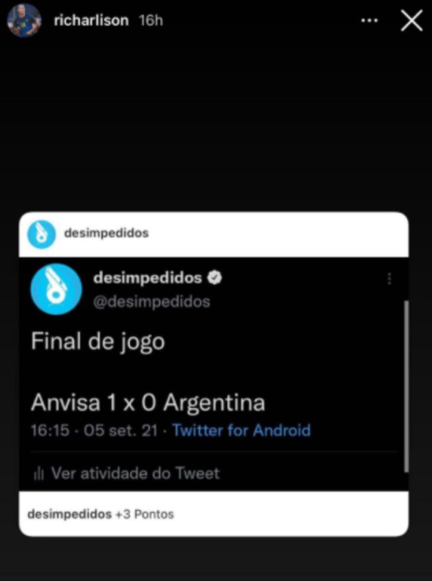 La publicación en redes sociales de Richarlison. La publicación en redes sociales de Richarlison.