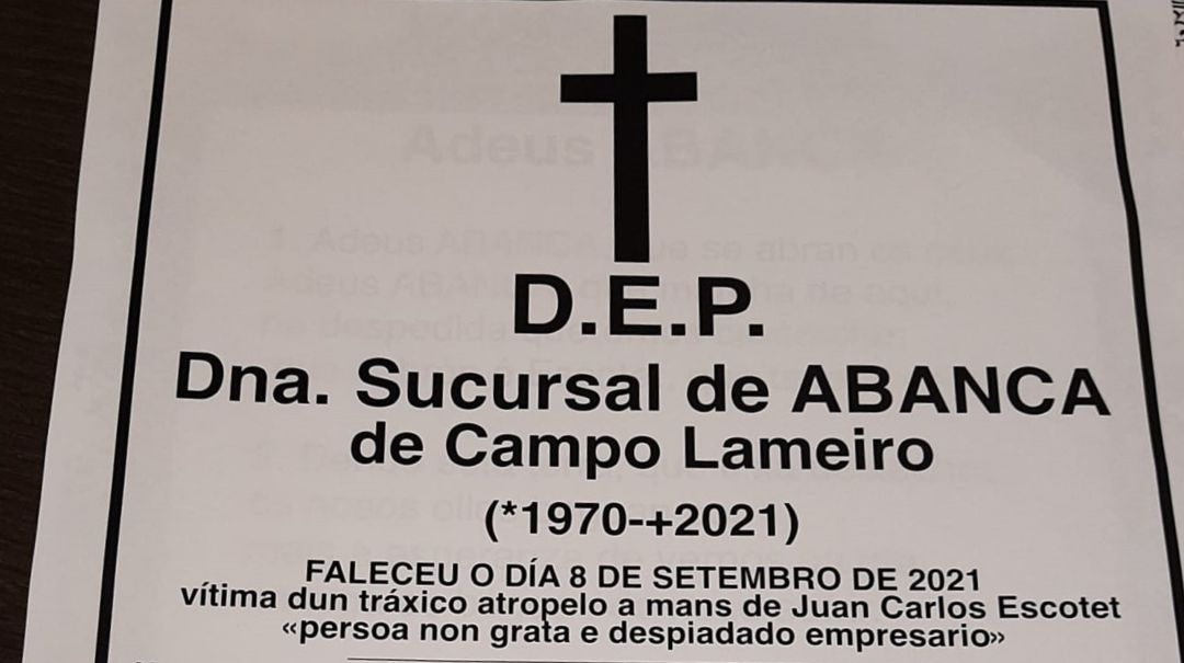 Esquela de Campo Lameiro con el "fallecimiento" de A Banca en el ayuntamiento Esquela de Campo Lameiro con el "fallecimiento" de A Banca en el ayuntamiento