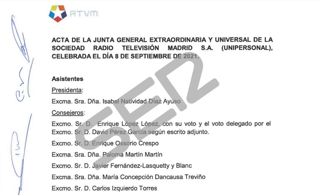 Imagen del acta de la Junta General Extraordinaria de Telemadrid del pasado 8 de septiembre Imagen del acta de la Junta General Extraordinaria de Telemadrid del pasado 8 de septiembre