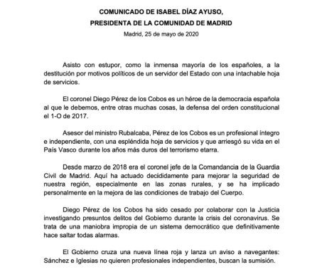 Comunicado de la Comunidad de Madrid sobre el cese de Pérez de los Cobos Comunicado de la Comunidad de Madrid sobre el cese de Pérez de los Cobos