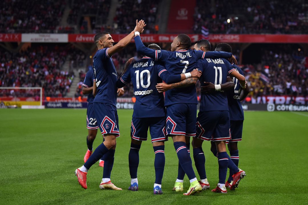 Kylian Mbappe, Neymar Jr, Angel Di Maria y Achraf Hakimi, durante un partido del PSG Kylian Mbappe, Neymar Jr, Angel Di Maria y Achraf Hakimi, durante un partido del PSG