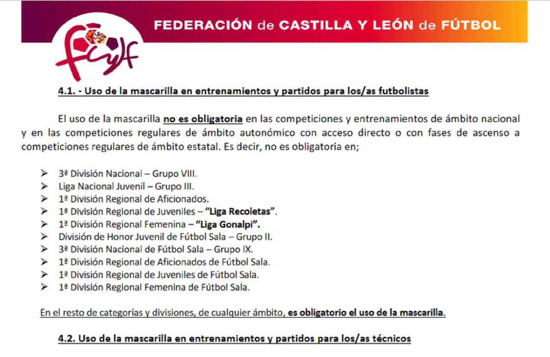 La circular de la FCyLF donde se decreta el uso de la mascarilla para la temporada 21-22. La circular de la FCyLF donde se decreta el uso de la mascarilla para la temporada 21-22.