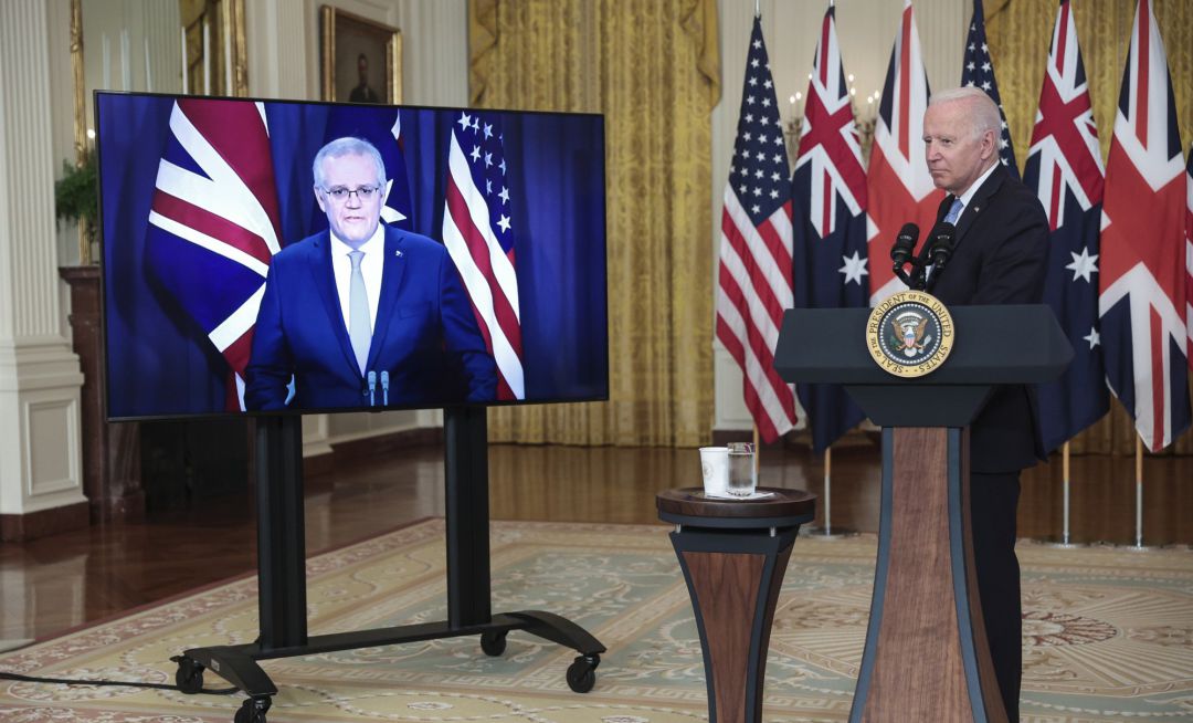El primer ministro australiano, Scott Morrison y el presidente de EEUU, Joe Biden, durante el anuncio del acuerdo alcanzado con Reino Unido en materia de seguridad, tecnología y defensa. El primer ministro australiano, Scott Morrison y el presidente de EEUU, Joe Biden, durante el anuncio del acuerdo alcanzado con Reino Unido en materia de seguridad, tecnología y defensa.