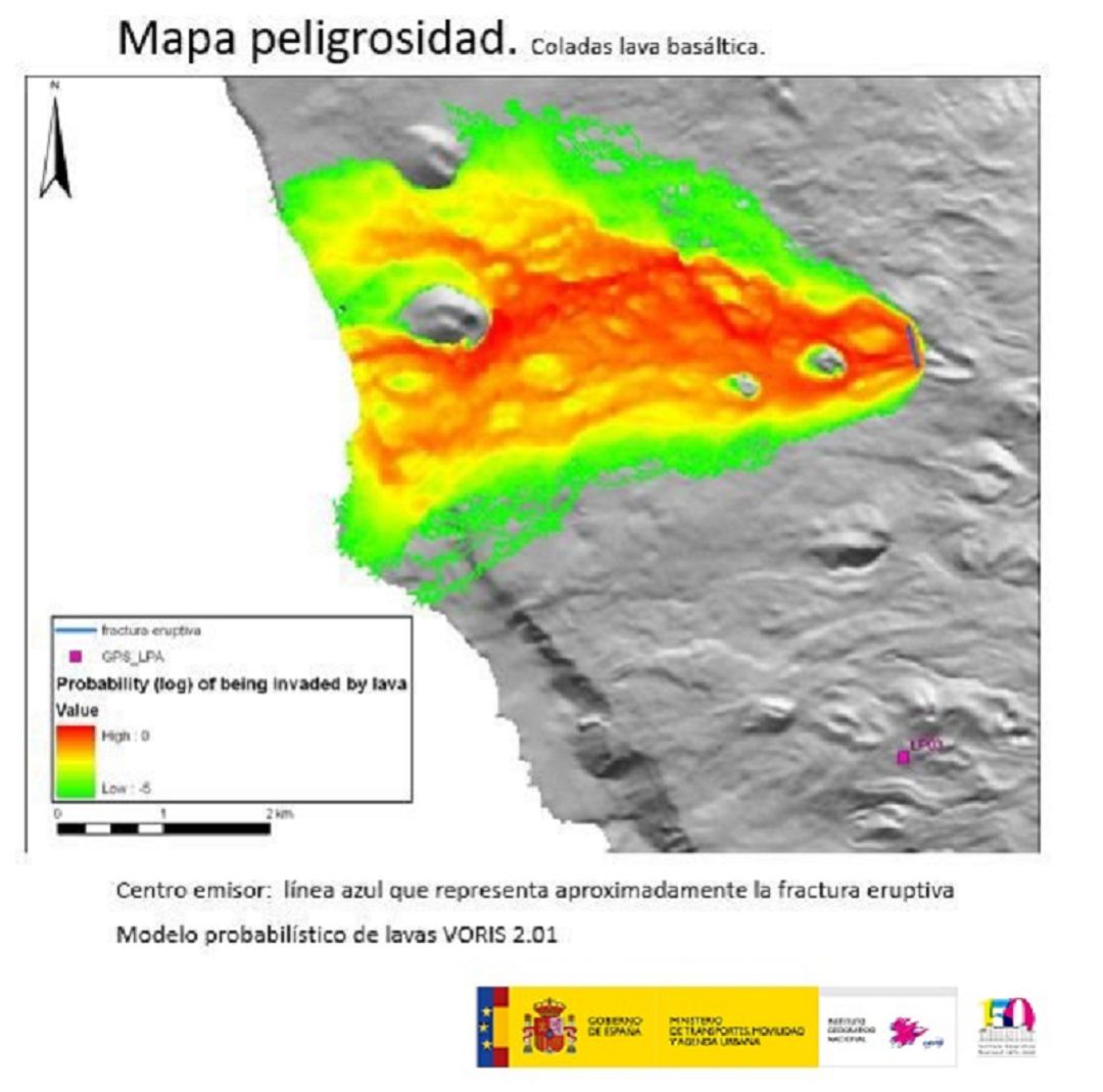 Simulación del posible recorrido de la lava hacia el mar Simulación del posible recorrido de la lava hacia el mar