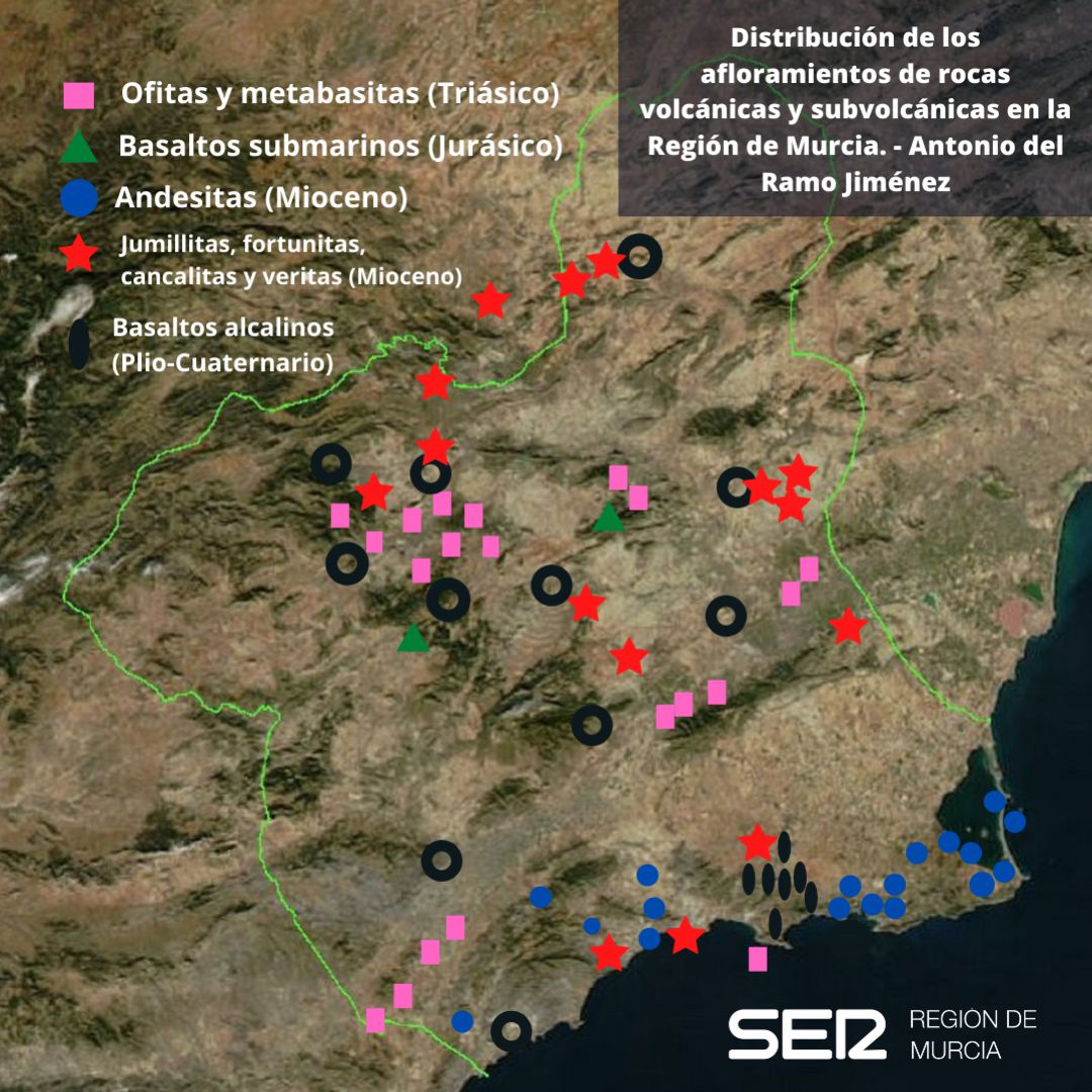 Distribución de los afloramientos de rocas volcánicas y subvolcánicas en la Región de Murcia. Antonio del Ramo Jiménez Distribución de los afloramientos de rocas volcánicas y subvolcánicas en la Región de Murcia. Antonio del Ramo Jiménez
