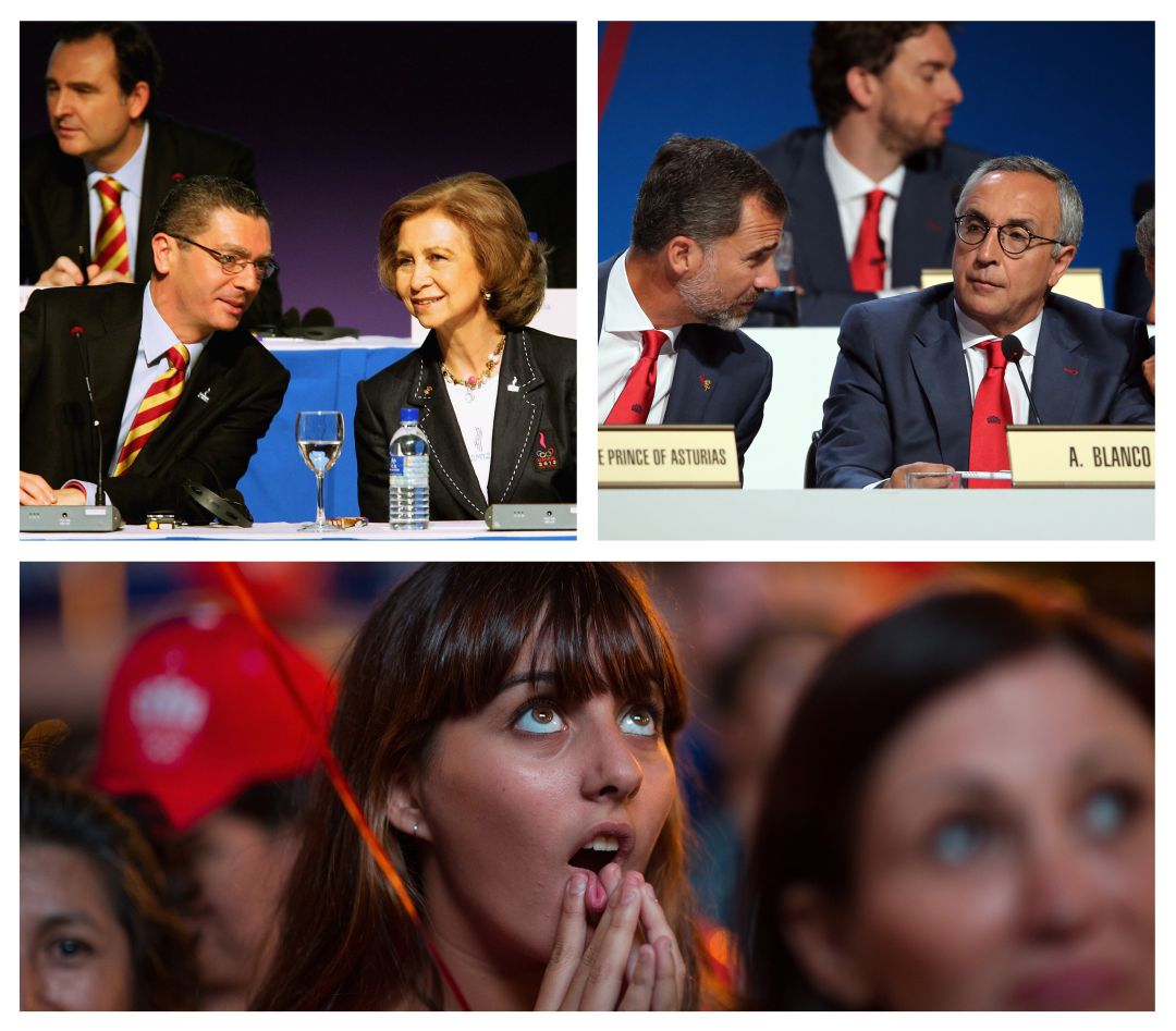 Imágenes de diferentes intentos del Madrid olímpico. Alberto Ruiz Gallardón, la reina Sofía; el rey Felipe VI, Alejandro Blanco; y abajo, la imagen de una chica en el momento de conocer la eliminación de Madrid para la candidatura de 2020. Imágenes de diferentes intentos del Madrid olímpico. Alberto Ruiz Gallardón, la reina Sofía; el rey Felipe VI, Alejandro Blanco; y abajo, la imagen de una chica en el momento de conocer la eliminación de Madrid para la candidatura de 2020.