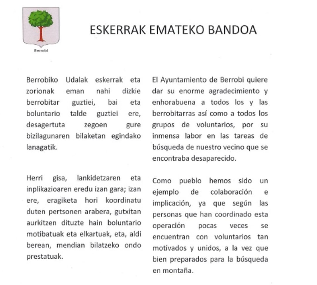 Bando de agradecimiento a los vecinos por la búsqueda de Xabier Alberdi Bando de agradecimiento a los vecinos por la búsqueda de Xabier Alberdi