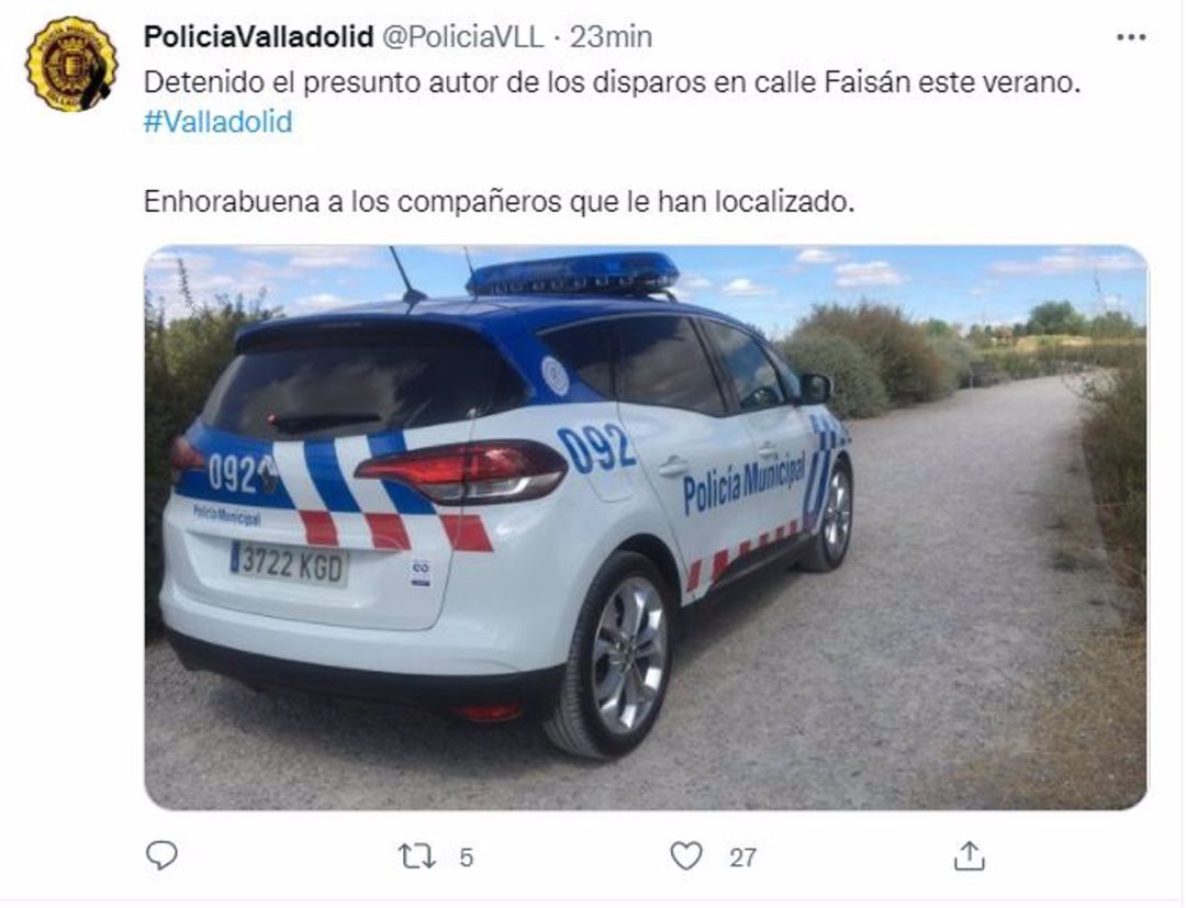 Tuit en el que la Policía Municipal anuncia la detención Tuit en el que la Policía Municipal anuncia la detención