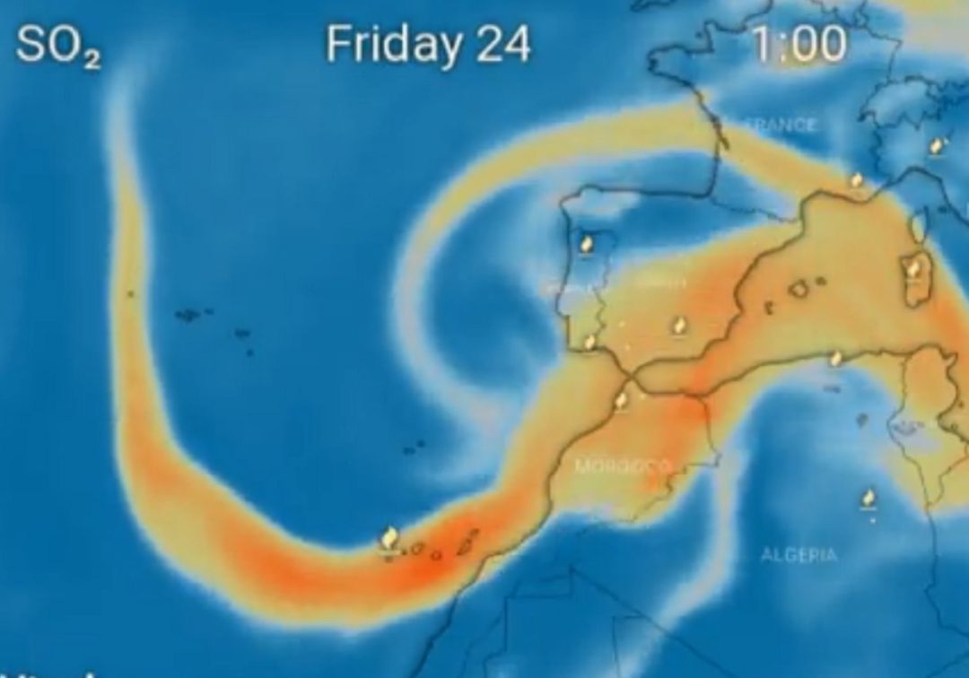 Simulación del movimiento del dióxido de azufre procedente del volcán de La Palma. Simulación del movimiento del dióxido de azufre procedente del volcán de La Palma.