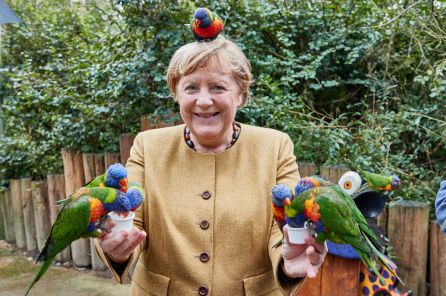 Angela Merkel posando con los siete loros Angela Merkel posando con los siete loros
