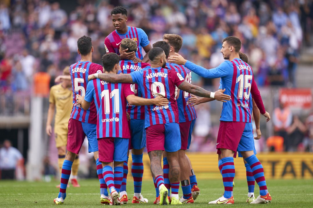 Los jugadores del Barça celebrando el gol de Ansu Fati Los jugadores del Barça celebrando el gol de Ansu Fati
