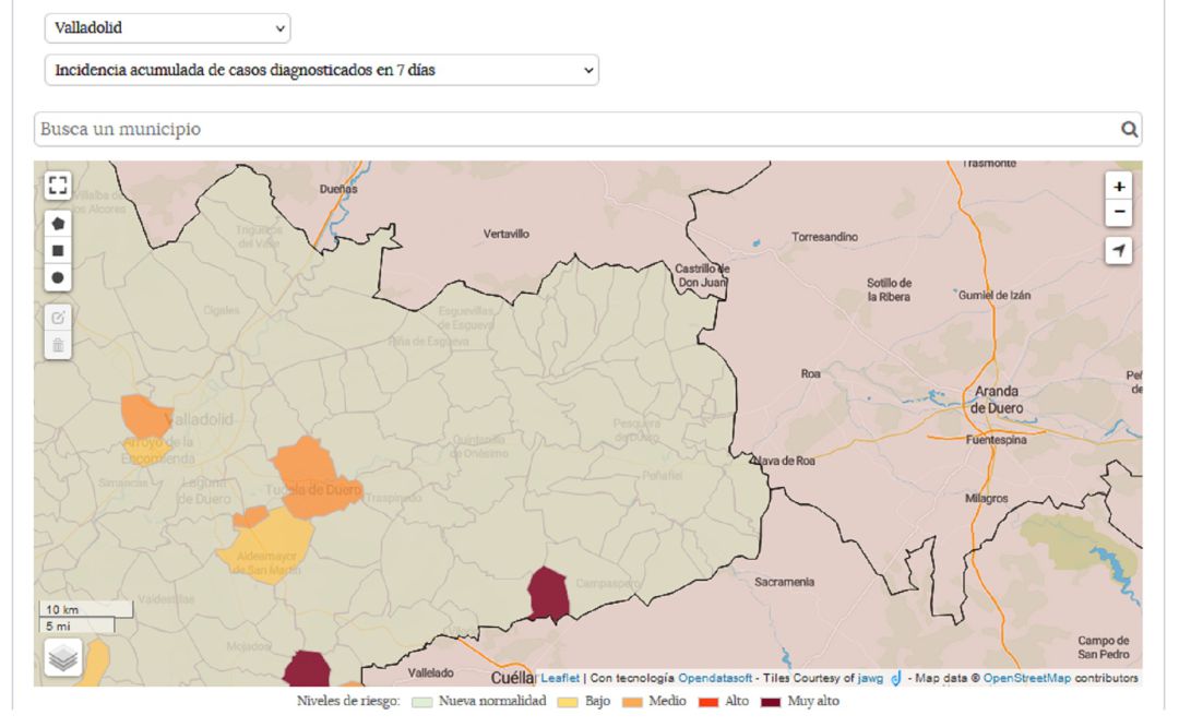 La situación de la pandemia a siete días vista no reporta casos en Peñafiel, como muestra el mapa del Servicio de Epidemiología de la Junta. La situación de la pandemia a siete días vista no reporta casos en Peñafiel, como muestra el mapa del Servicio de Epidemiología de la Junta.