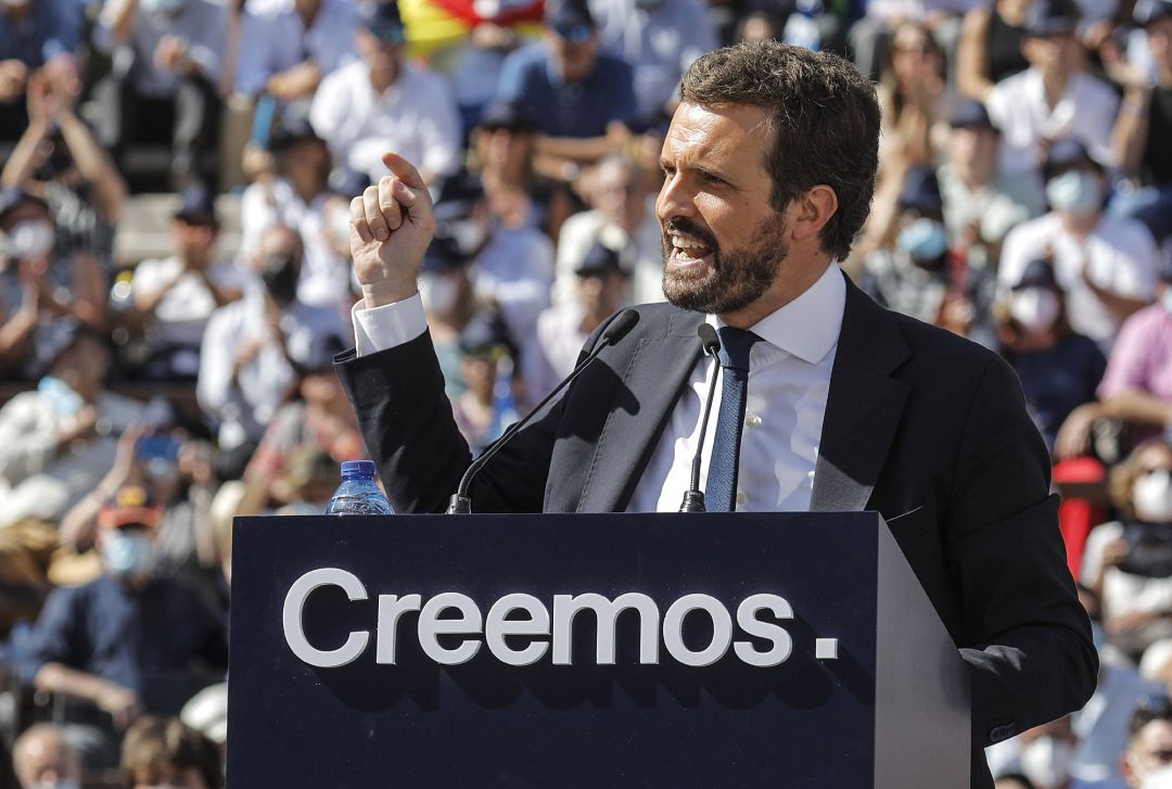 El presidente del PP, Pablo Casado, en el acto de clausura de la Convención Nacional del PP en Valencia. El presidente del PP, Pablo Casado, en el acto de clausura de la Convención Nacional del PP en Valencia.