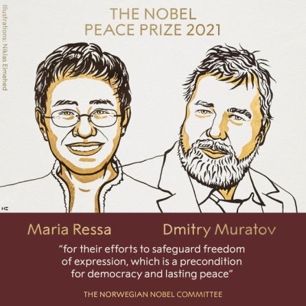 Maria Ressa y Dmitry Muratov, los dos periodistas ganadores del Premio Nobel de la Paz 2021. Maria Ressa y Dmitry Muratov, los dos periodistas ganadores del Premio Nobel de la Paz 2021.